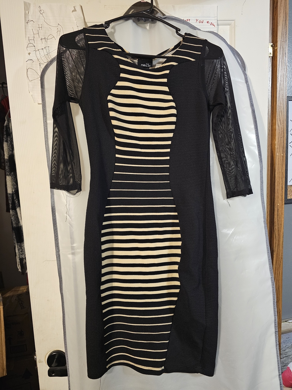 Rue21 Black Dress with Cream Striped Center and Sheer Sleeves